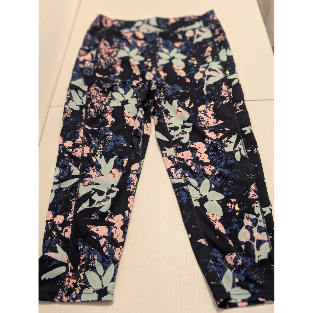 POP Fit Floral High Waisted Cropped Leggings Navy Pink Mint Green 2XL Pockets